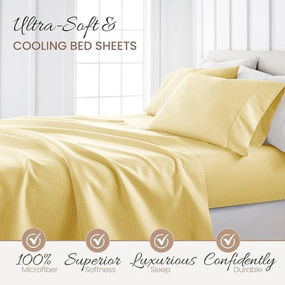 Linen Market Double-Brushed Patterned Microfiber Queen Sheet Set 4 Piece – Oeko-TEX Certified Ultra Soft & Wrinkle-Free - 16" Deep Pocket Sheets - Easy Care Queen Size - Honeycomb Yellow