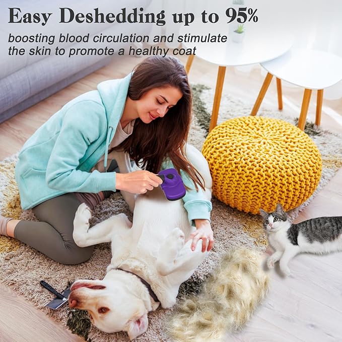 Self Cleaning Cat & Dog Grooming Brush - Skin Friendly Deshedding Hair Brush for Haired Dogs & Puppies, Purple-Mewly Pet
