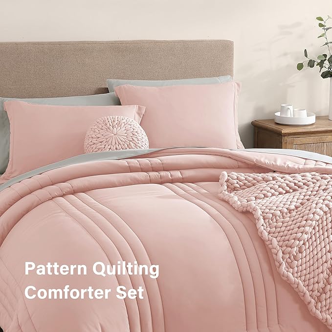 Monbix Queen Comforter Set - 7 Pieces Light Pink Bed in a Bag Queen Bedding Sets with Comforters, All Seasons Down Alternative Comforter Bed Set with Sheets, Pillowcases & Shams