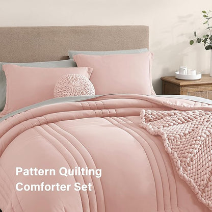 Monbix Queen Comforter Set - 7 Pieces Light Pink Bed in a Bag Queen Bedding Sets with Comforters, All Seasons Down Alternative Comforter Bed Set with Sheets, Pillowcases & Shams