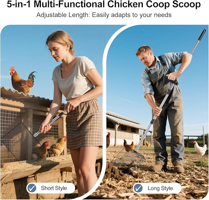 15inch Large Chicken Poop Scooper with Ergonomic Grip, 5 in 1 Adjustable Chicken Coop Pooper Shovel (24 to 76.5"), Stainless Steel Litter Sifting Shovel Scoop for Chicken Coop/Goat Stall/Stable-Mewly Pet