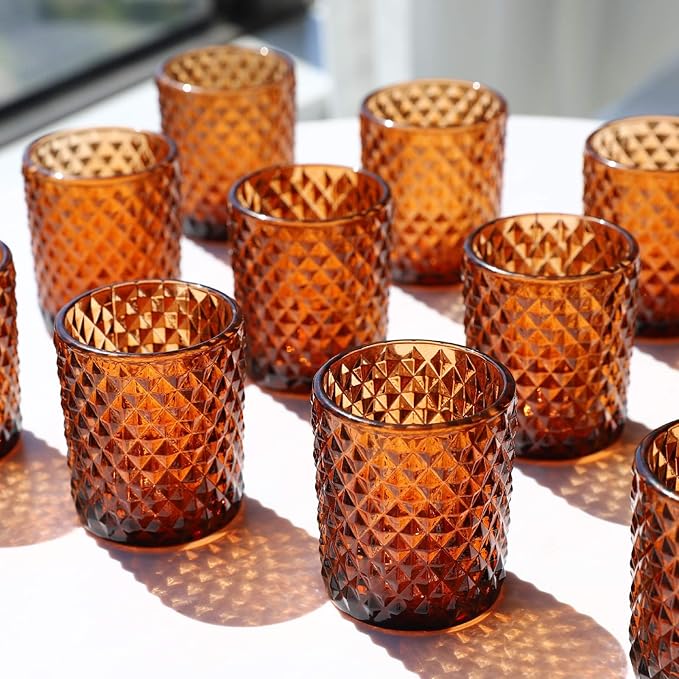 Woho 24pcs Amber Candle Holders for Votive Candles/Tealight Candles, Brown Votive Candle Holder for Boho Home Decor, Glass Tea Lights Candle Holder for Wedding Party Christmas