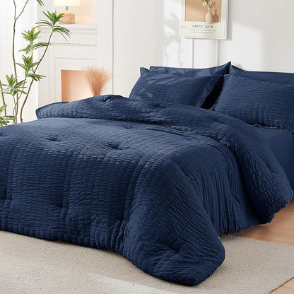HYMOKEGE Navy Blue Twin Comforter Set Seersucker 5 Pieces, All Season Luxury Bed in a Bag for Bedroom, Bedding Set with Comforters, Sheets, Pillowcase & Sham