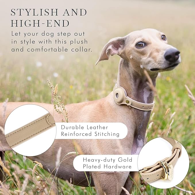 Cupertino Dog Collars, Harnesses & Leashes Made from Vegan Leather with Dog Tracker Device Holder Adjustable Dog Collar (Medium, Beige)-Mewly Pet