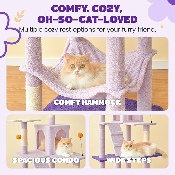 MWPO Flower Large Cat Tree, 70.1-Inch Multi-Level Tall Cat Tower for Indoor Cats, Plush Cat Condo with Big Padded Perches, Sisal-Covered Scratching Posts, Hammock, Toys for Kittens & Cats-Mewly Pet