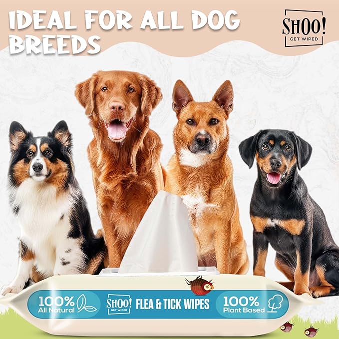 Shoo! Flea & Tick Wipes for Dogs | Convenient, Easy On-The-Go Protection | Plant Based, Natural Oils, Chemical Free | Repels & Prevents | 50 XL Wipes | (Morning Freshness)-Mewly Pet