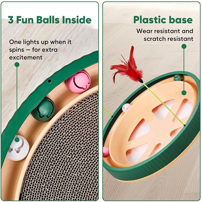 20-Inch Round Cat Scratcher with Ball Track – 3-in-1 Cardboard Scratching Pad with Feather Toy & Non-Slip Base – Interactive Cat Toy for Indoor Cats, Kittens & Large Cats (Green)-Mewly Pet