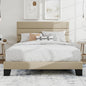 SHA CERLIN Queen Platform Bed Frame with Upholstered Fabric Headboard, Mattress Foundation with Strong Wooden Slats Support, No Box Spring Needed, Beige