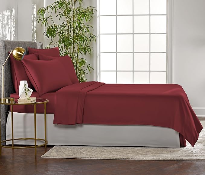 Queen Sheets by Pure Bamboo, Genuine 100% Organic Viscose Derived from Bamboo Bed Sheet Set, Luxuriously Soft & Cooling, Double Stitching, Lifetime Quality Promise (Queen, Merlot)