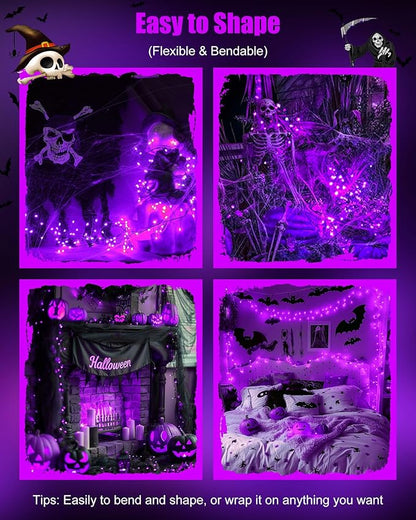 Halloween Fairy Lights Battery Operated, 10 Feet 120LEDs Firecracker String Lights Waterproof Silver Wire Starry Firefly Light for Bedroom Home Haunted House Indoor Outdoor Holiday Decorations, Purple