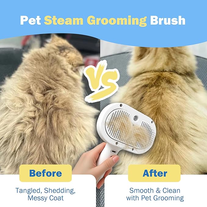 4-in-1 Pet Grooming Steam Brush for Cats & Dogs – Steam Spray, Blue Light, Hair Removal, Self-Cleaning Comb – Includes Pet Waterless Shampoo-Mewly Pet