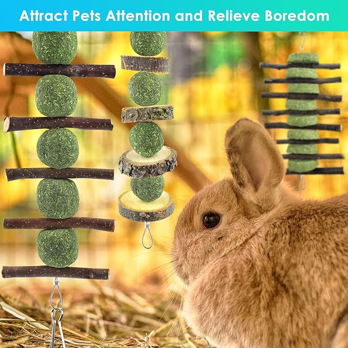 ERKOON Bunny Chew Toys, Rabbit Chew Toys for Teeth Grinding, Improve Dental Health, 100% Natural Apple Wood Timothy Grass Cake Treats for Rabbits Guinea Pigs Chinchillas Bunnies Hamsters (3 Pcs)-Mewly Pet