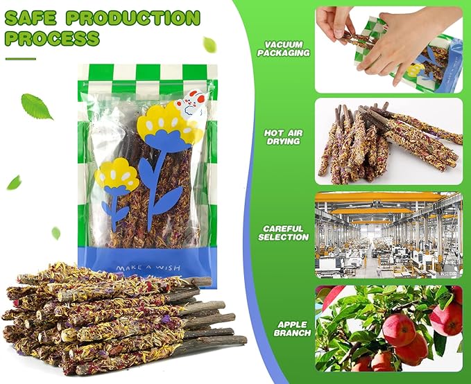 Abizoo Bunny Chew Toys for Rabbits,18PCS Natural Apple Wood Sticks with Petals Good for Chinchillas Guinea Pig Hamster Teeth Care, Bunny Small Pet Treats Teething Toys| Natural Organic Safe-Mewly Pet