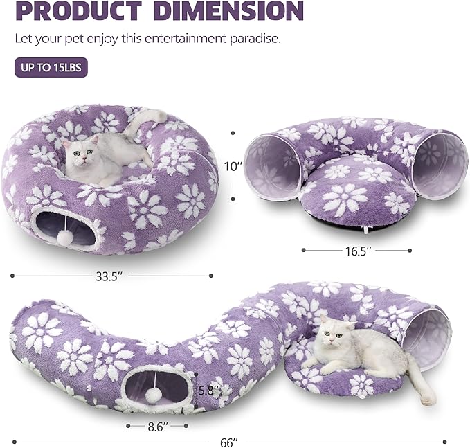 Cat Tunnel for Indoor Cats, Cute Peekaboo Cat Cave with Dangling Balls, Pet Donut Tunnel Bed with Circle Mat for Puppy Kitten Rabbit, Purple-Mewly Pet