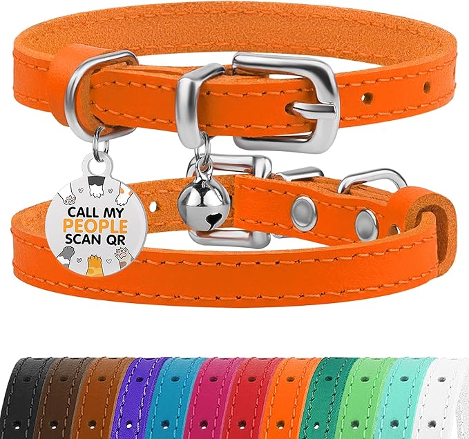 BRONZEDOG Leather Cat Collar with Removable Bells Non Breakaway Kitten QR Tag for Girl Boy (9" - 12" Cats/Mini Dogs, Orange & Silver)-Mewly Pet