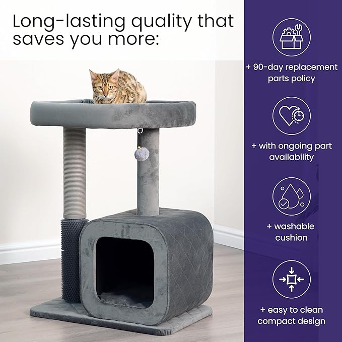 Catry 30" High 3 Level Modern Cat Tree with Large Base Condo,Removable Washable Top Bed, Recycled Paper Scratching Post, Self Grooming Brush, for Small Medium Cat(Dim Gray)-Mewly Pet