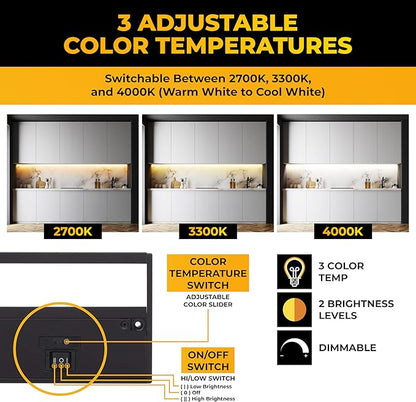 LED Under Cabinet Lighting Hardwired - 3CCT 18 Inch Black Finish - Undercabinet Lights for Kitchen - Linkable Undercounter Dimmable Plug in Light or Hard Wired - Under Counter Fixture Direct Wire