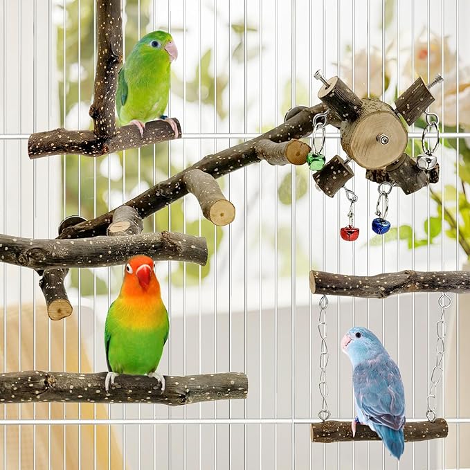 BNOSDM Natural Wood Bird Ladder Perch 6Pcs Parrot Stand Branches Climbing Chewing Stick Parakeet Swing Toys Cage Accessories Paw Grinding Fork Sets for Lovebirds Cockatiels Conure Budgies-Mewly Pet