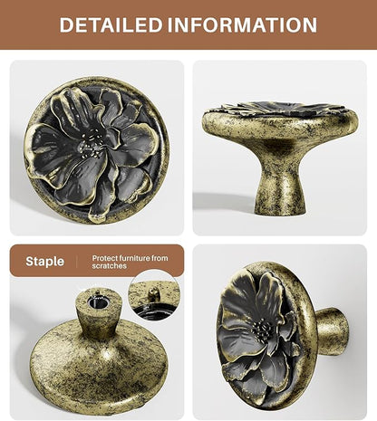 Flower Cabinet Pulls Handle Knob Drawer for Kitchen Dresser Wardrobe Bathroom and Cupboard One Hole Hardware Knobs for Girl Easy Installation Pack of 4 Retro Brass