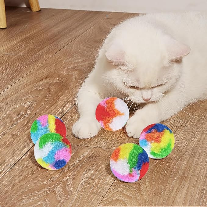 Nicunom 60 PCS Cat Pom Pom Balls, 1.7Inch Rainbow Cat Toy Balls, Soft Plush Cat Ball Fuzzy Kitty Balls Colorful Kitten Puff Balls Cat Chase Ball for Kitten Pet Interactive Playing Exercising-Mewly Pet
