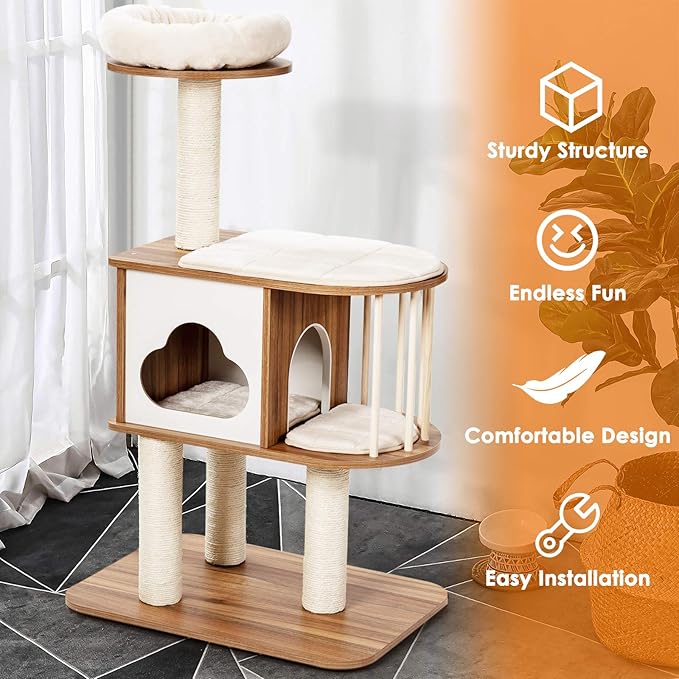 Tangkula Modern Wood Cat Tree, 46 Inches Cat Tower with Platform, Cat Activity Center with Scratching Posts and Washable Cushions, Wooden Cat Condo Furniture for Kittens and Cats (Natural)-Mewly Pet