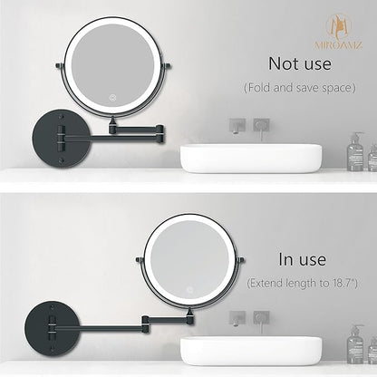 Rechargeable Wall Mounted Lighted Makeup Vanity Mirror 8 Inch Double Sided 1X 10X Magnifying Bathroom Mirror, 3 Color Lighting, Touch Screen Dimming, 360 Rotation Shaving Matte Black