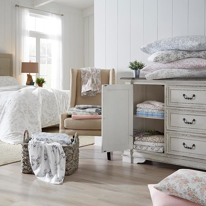 Laura Ashley - Flannel Sheets Full Size, Anti-Pilling & Wrinkle Resistant Cotton, Touchably Soft for All-Season Comfort - Bed Sheets with Matching Pillowcases & Fitted Sheet (Vanessa Grey)