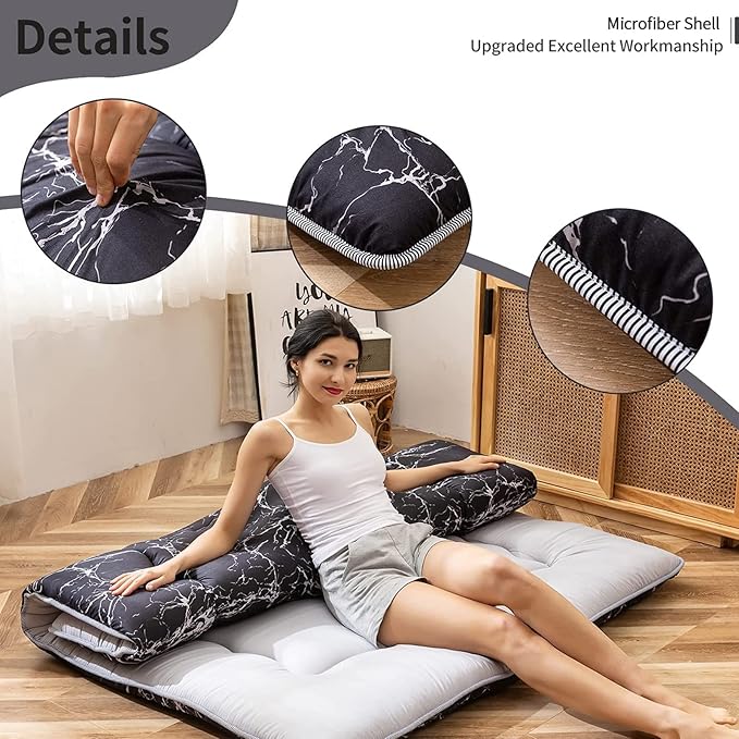 MAXYOYO Black Marble Printed Japanese Futon Floor Mattress, Thicken Sleeping Pad Floor Bed Roll Up Camping Guest Mattress Folding Couch Bed, Full Size