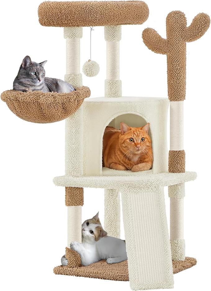 Yaheetech Cactus Cat Tree, 42in Cat Tower for Indoor Cats, Multi Level Kitten Condo Scratching Post, Pet Activity Center Furniture w/Ball, Plush Perch, Platform, Basket, Beige/Brown-Mewly Pet