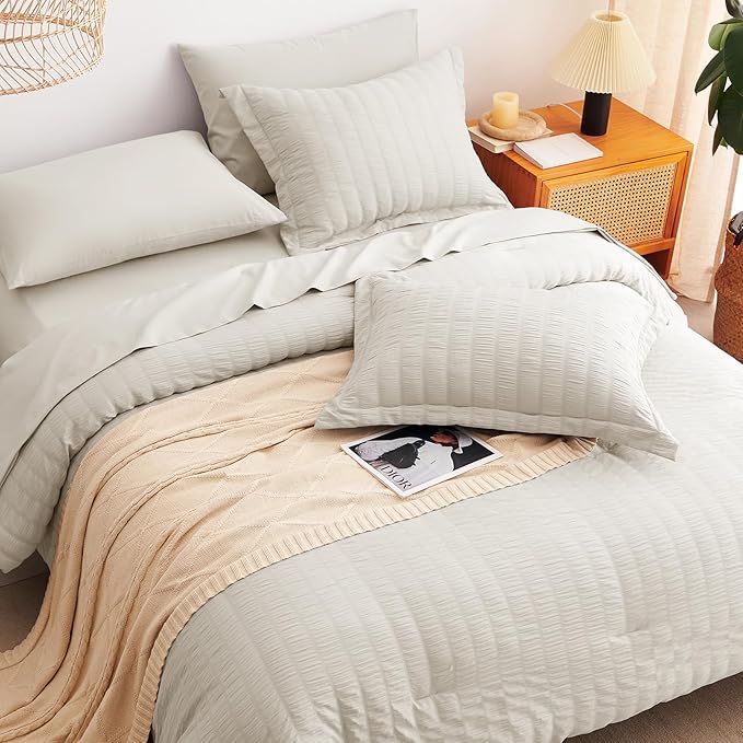 CozyLux Twin XL Comforter Set with Sheets Seersucker Beige 5 Pieces Bed in a Bag, Twin Extra Long Luxury Soft Bedding Sets for College Dorm with Down Alternative Comforter, Sheets, Pillowcases & Shams