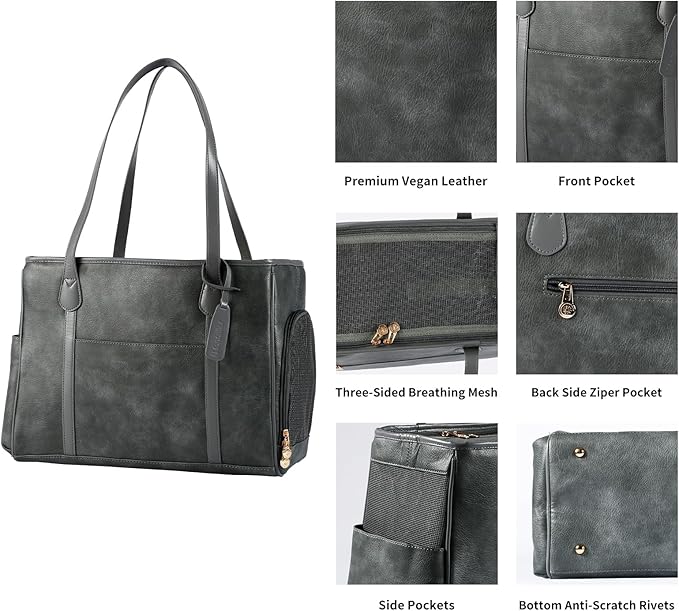 Stylish Dog Purse Carrier, Leather Pet Carrier Bag for Small Dogs Cats Puppy, Airline Approved Soft-Sided Carrier Grey-Mewly Pet