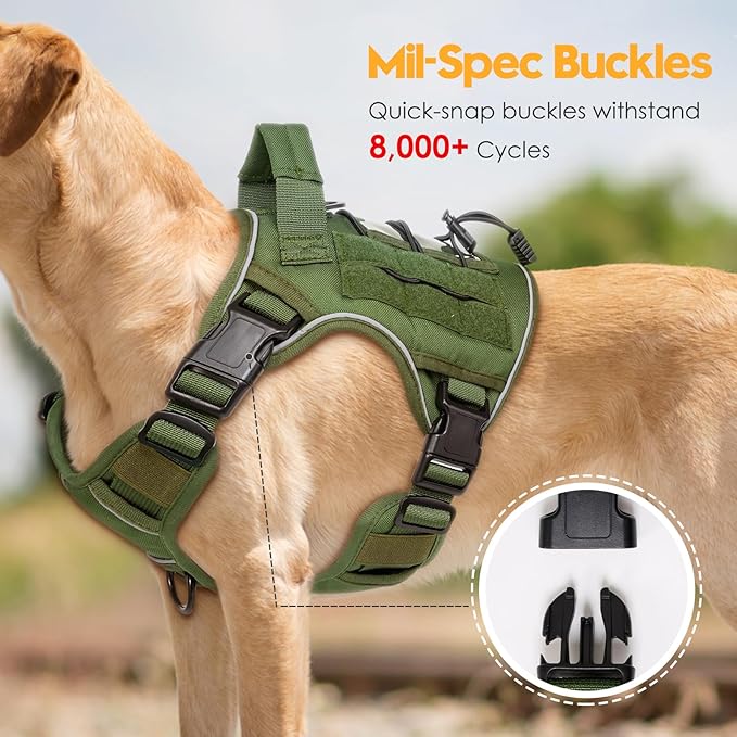 Heavy-Duty Tactical Dog Harness for Large Dogs, No Pull Adjustable Reflective Pet Vest with Molle System, K9 Military-Grade Control for Service Training, Outdoor & 10+ Breeds, Green, Small-Mewly Pet