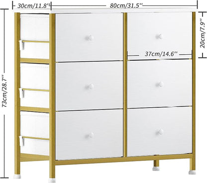 BOLUO White Dresser for Bedroom 6 Drawer Small Dresser Organizers Fabric Storage Chest Tower Dressers Unit for Closet Nursery Hallway Office, Kids and Adult Modern Gold