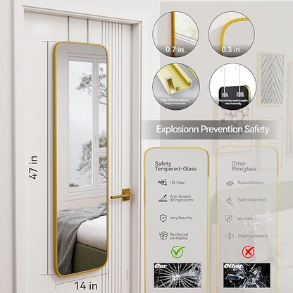 47x14 Mirror Rectangle Full Body Length Door Hanging Wall Mounted Aluminum Alloy Metal Frame Dressing Make-up Mirrors for Entryway Bedroom Bathroom Living Room 47 14 inch Gold