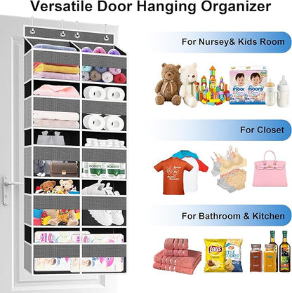Over The Door Organizer Multi Pocket,5 Tier Large Hanging Shelf for Storage Kids Toys, Diapers, Clothes,Yarn,Heavy Duty Behind Door Storage for Bedroom Bathoom Nursery Closet Pantry,Gray