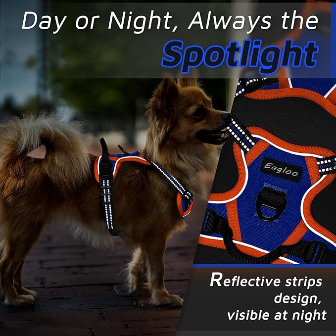Eagloo Small Dog Harness No Pull, Service Vest with Reflective Strips and Control Handle, Adjustable and Comfortable for Walking, No Choke Pet Harness with 2 Metal Rings, Blue & Orange, XS-Mewly Pet