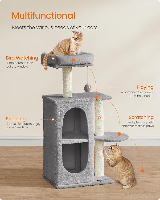 Feandrea Cat Tree Tower with 2 Caves for Multi-Cat Households, Kittens, Scratching Posts, Light Gray UPCT005G01-Mewly Pet