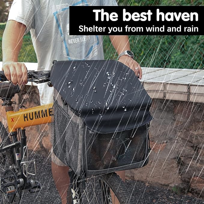 Dog Bike Basket Carrier, Pet Bicycle Front Carrier Backpack for Bike Riding Foldable Removable, Reflective Strips, 2 Side Storage Pockets, Pet Travel Bag for Cats Small Dogs-Mewly Pet