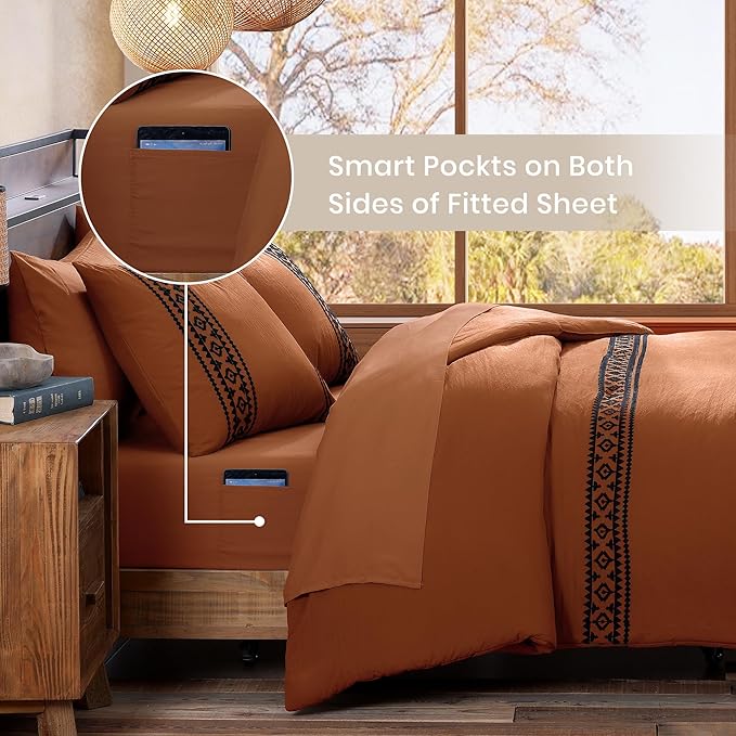 MaiRêve Burnt Orange Embroidery Comforter Set King Size - 7 Pieces, Farmhouse Western Bedding Sets All Season, Boho Bed in A Bag King with Sheets, Comforters, Pillowcases & Shams