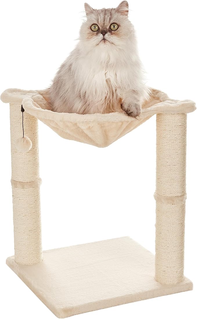 Amazon Basics Cat Condo Tower with Hammock Bed and Scratching Post,Easy to Assemble,Plush Hammock,Interactive Hanging Ball,Durable Sisal Scratch Posts for Indoor Cats, 15.8 x 15.8 x 19.7 Inches, Beige-Mewly Pet