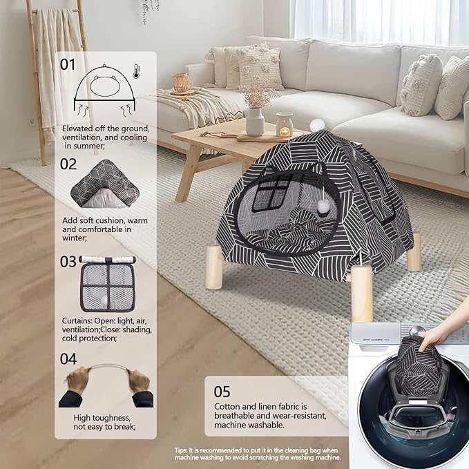 2-in-1 Elevated Cat Tent Cat House, Quick Assembly and Disassembly, Portable Indoor/Outdoor Cute Cat Bed Cave-Black Diamond Pattern-Mewly Pet