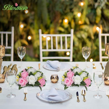 BLOSMON Flower Balls Rose Centerpieces: 6 Pcs 9.5 Inch Pink Fake Flowers Kissing Balls Decor Artificial Wedding Floral Arrangements Silk Flower Bouquet with Base Home Party Room Table DIY Decorations