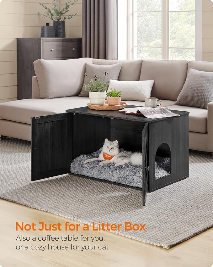 Feandrea Cat Litter Box Enclosure, Litter Box Furniture Hidden with Removable Divider, Indoor Cat House, End Table, 31.5 x 20.9 x 19.7 Inches, Ink Black UPCL002B01-Mewly Pet