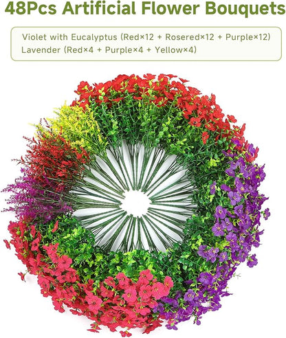 SHareconn 48 Bundles Artificial Flowers for Outdoors Decoration, Faux Plants Fake Silk Colorful Daisy Eucalyptus Lavender, UV Resistant for Outside Home Porch Patio Indoor Spring Decor, Mix 3 Colors