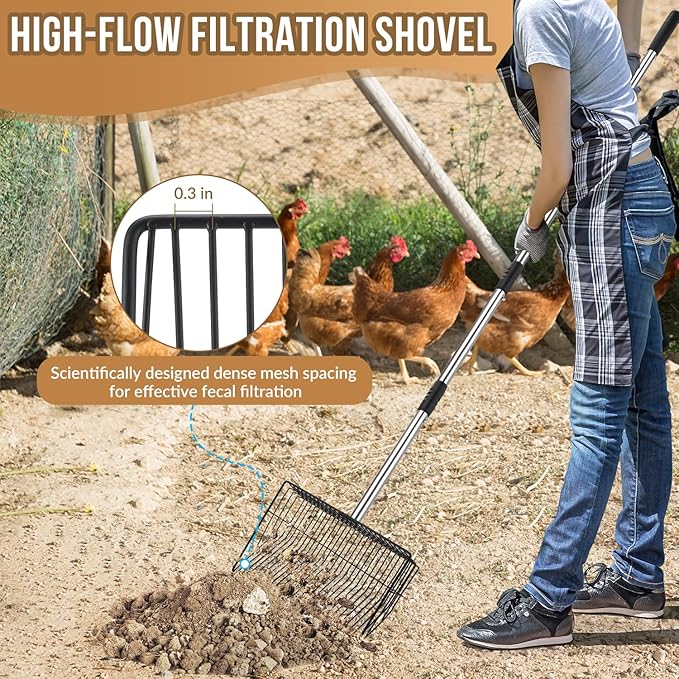 SlowTon 10-inch Large Chicken Poop Scooper - 5 in 1 Multifunctional Chicken Litter Scoop with 35 to 67in Stainless Steel Handle, Heavy Duty Chicken Coop Cleaning Tool Litter Sifting Shovel-Mewly Pet