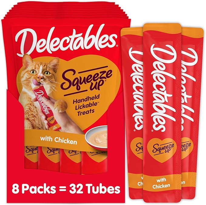 Delectables Squeeze Up Creamy Squeezable Puree, Lickable Wet Cat Treats, Grain Free, No Added Fillers, No By-Products, No Added Preservatives, 0.5 Ounces Tube Chicken Flavor, 32 Tubes Total-Mewly Pet