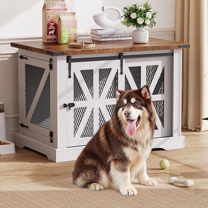 VOPEAK 43.3" XL Dog Crate Furniture, Chew Resistant Dog Crate for Medium Large Dogs, Heavy Duty Extra Large Dog Crate Dog Kennel Indoor with Double Doors, Wooden End Table for Living Room, White-Mewly Pet