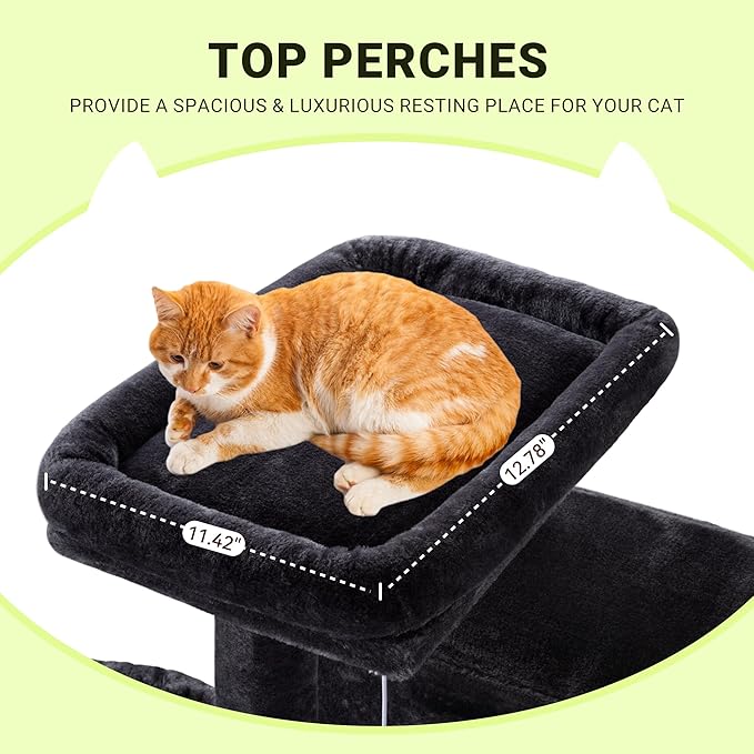 Allewie 64 Inches Cat Tree Tower/Multi-Level Activity Center for Indoor Big Felines/2 Plush Condos/2 Perchs/Basket/House/Sisal Scratching Posts/Hanging Cat Toys/Dark Grey-Mewly Pet