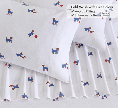 RUVANTI Flannel Sheets Twin Size - 100% Cotton Double Brushed Twin Sheets Set, Deep Pockets 16 Inches, All Seasons Breathable & Extra Soft Bed Sheets, Warm & Cozy, 3 Piece, Puppy Playoff