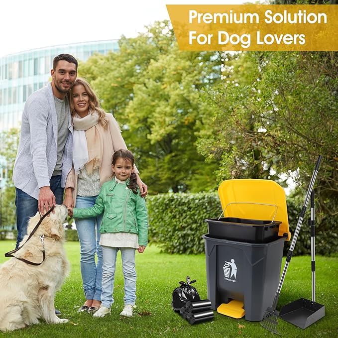 Dog Pooper Scooper, 20L Large Dog Poop Trash Can Outside with Removable Inner Bucket, Poop Trash Can for dog Outdoors with 90 Waste Bags, 37inch Long Handle Stainless Metal Tray & Rake-Mewly Pet
